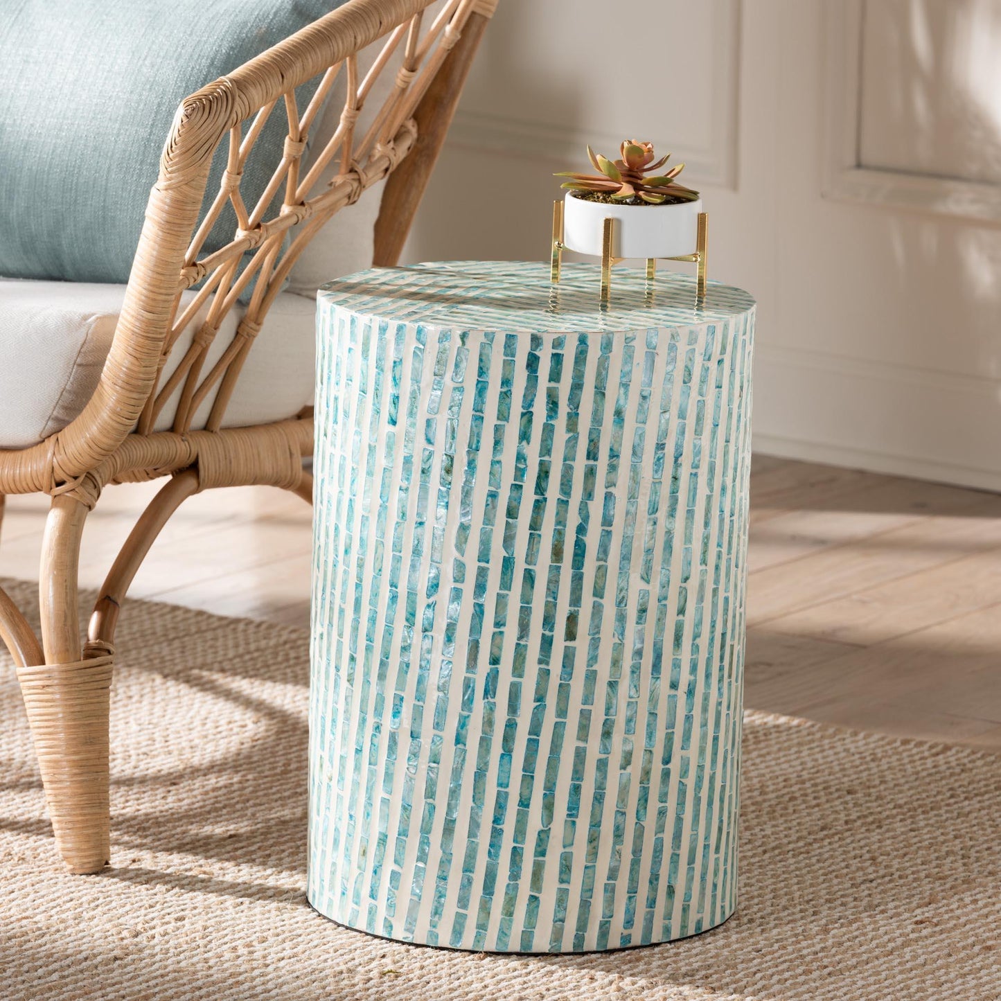 Baxton Studio Draven Modern Bohemian White and Blue Mother of Pearl End Table FredCo