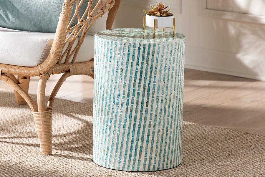 Baxton Studio Draven Modern Bohemian White and Blue Mother of Pearl End Table FredCo