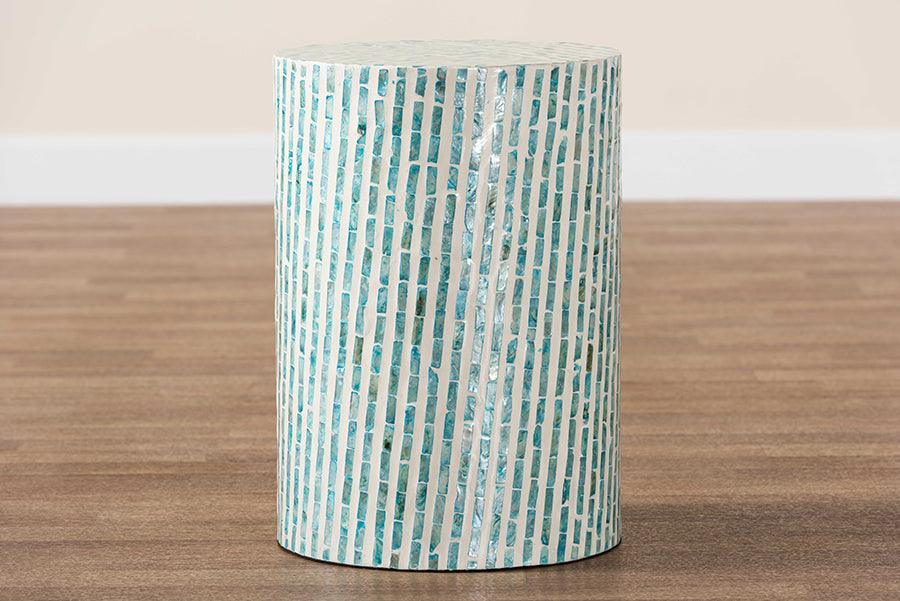 Baxton Studio Draven Modern Bohemian White and Blue Mother of Pearl End Table FredCo