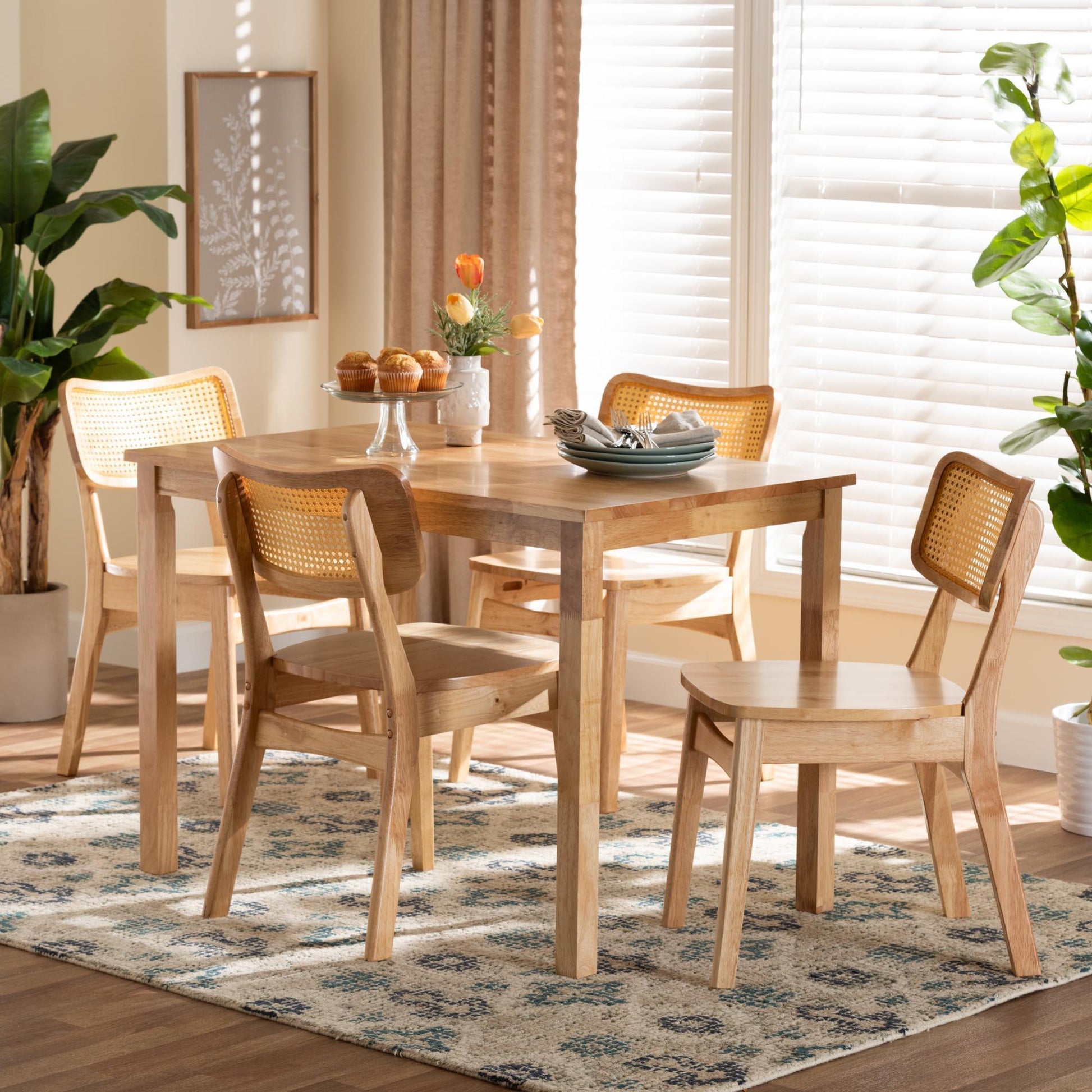 Baxton Studio Dulcet Mid-Century Modern Oak Brown Finished Wood and Rattan 5-Piece Dining Set FredCo