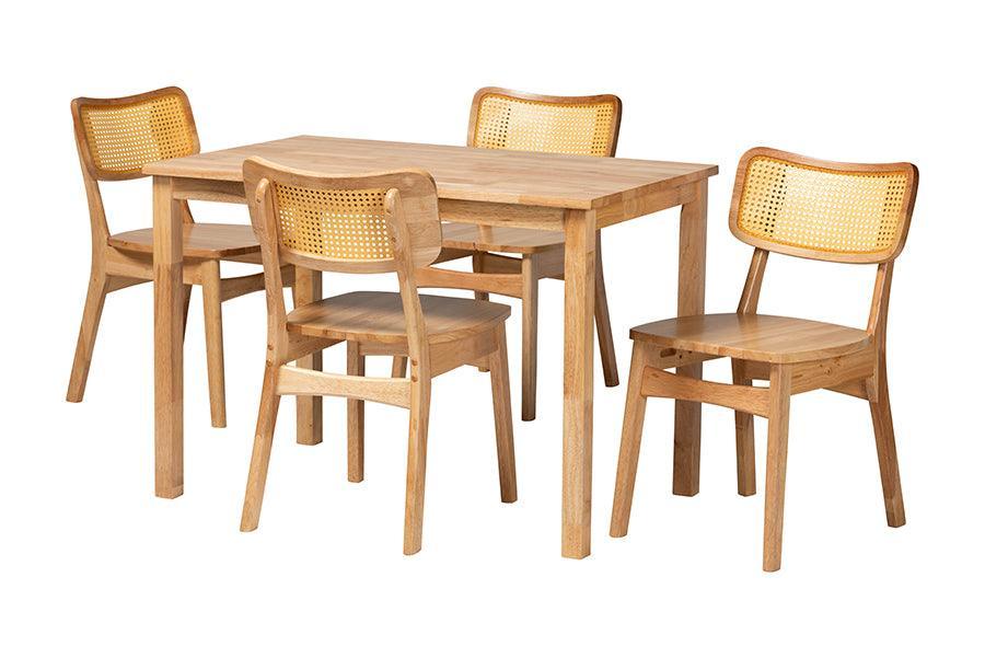 Baxton Studio Dulcet Mid-Century Modern Oak Brown Finished Wood and Rattan 5-Piece Dining Set FredCo