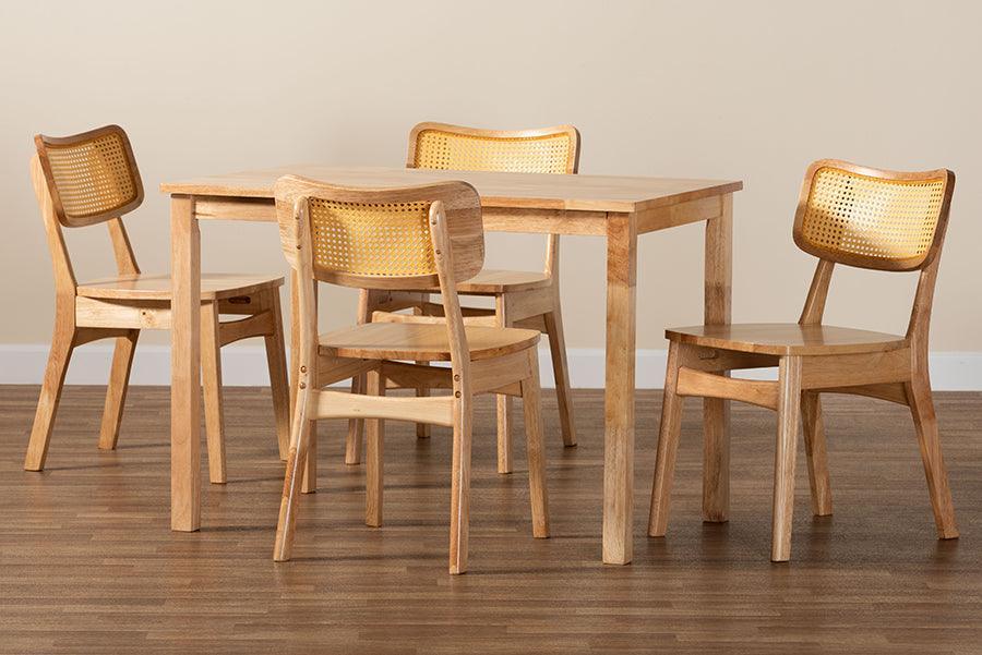 Baxton Studio Dulcet Mid-Century Modern Oak Brown Finished Wood and Rattan 5-Piece Dining Set FredCo