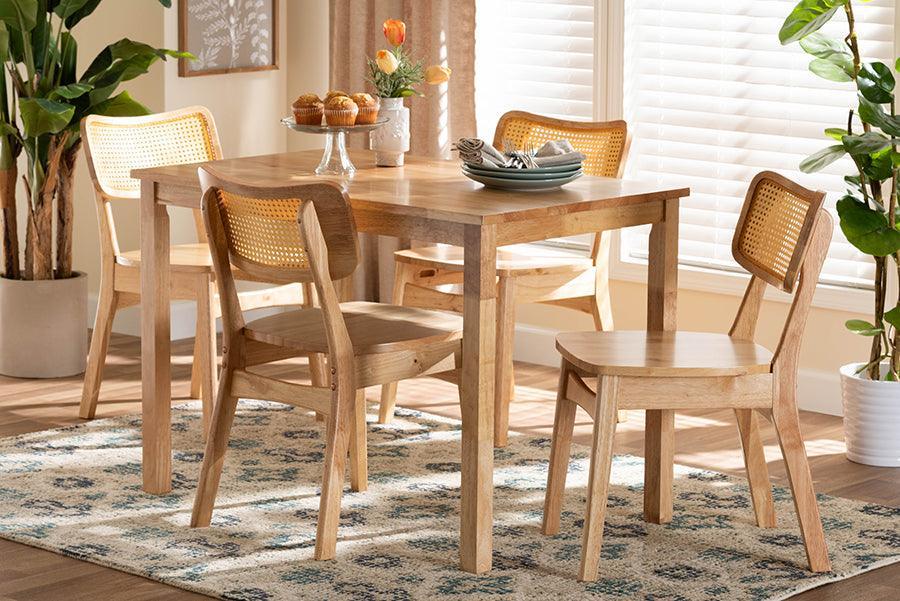 Baxton Studio Dulcet Mid-Century Modern Oak Brown Finished Wood and Rattan 5-Piece Dining Set FredCo