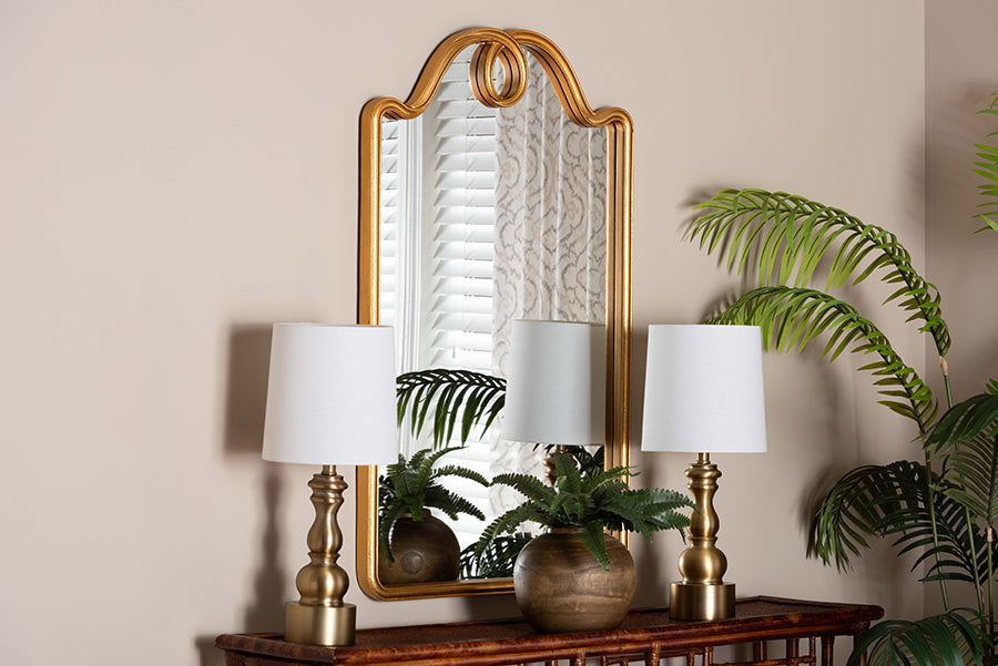 Baxton Studio Eara Gold Wall Mirror with Decorative Top - Elegant Rectangular Accent Mirror for Entryway, Living Room, or Bedroom FredCo