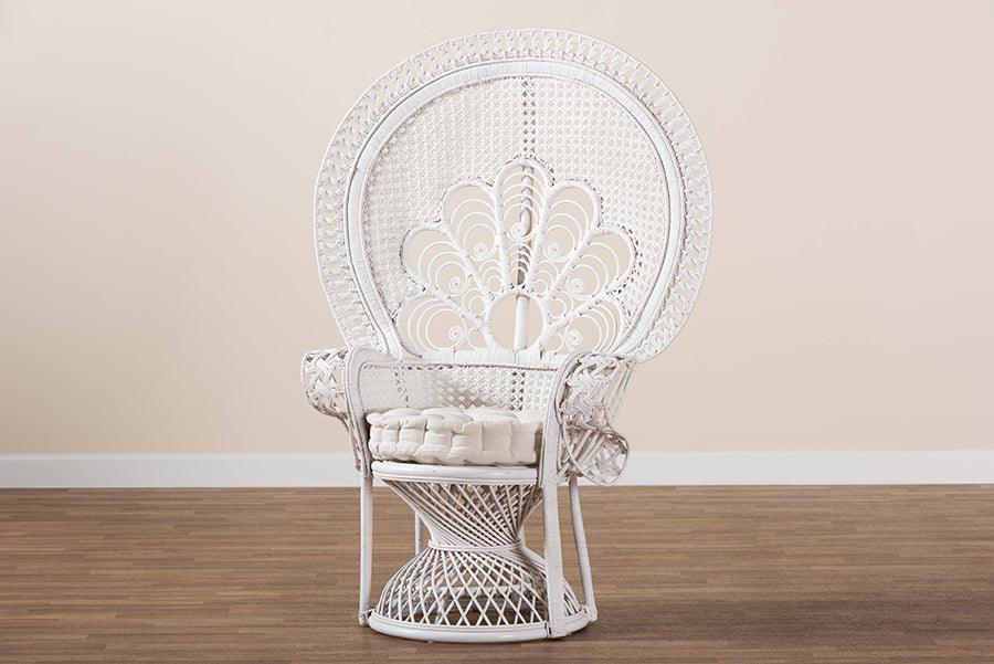 Baxton Studio Ediva Modern Bohemian White Natural Rattan Peacock Accent Chair FredCo