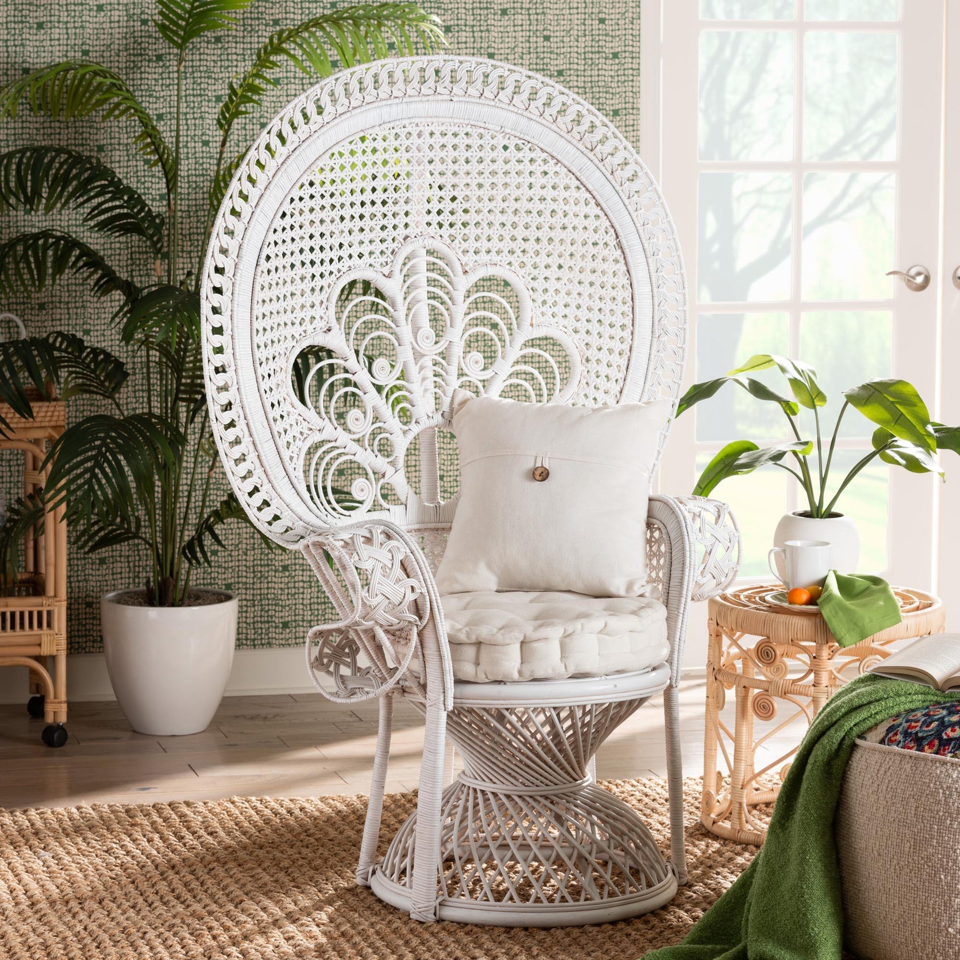 Baxton Studio Ediva Modern Bohemian White Natural Rattan Peacock Accent Chair FredCo