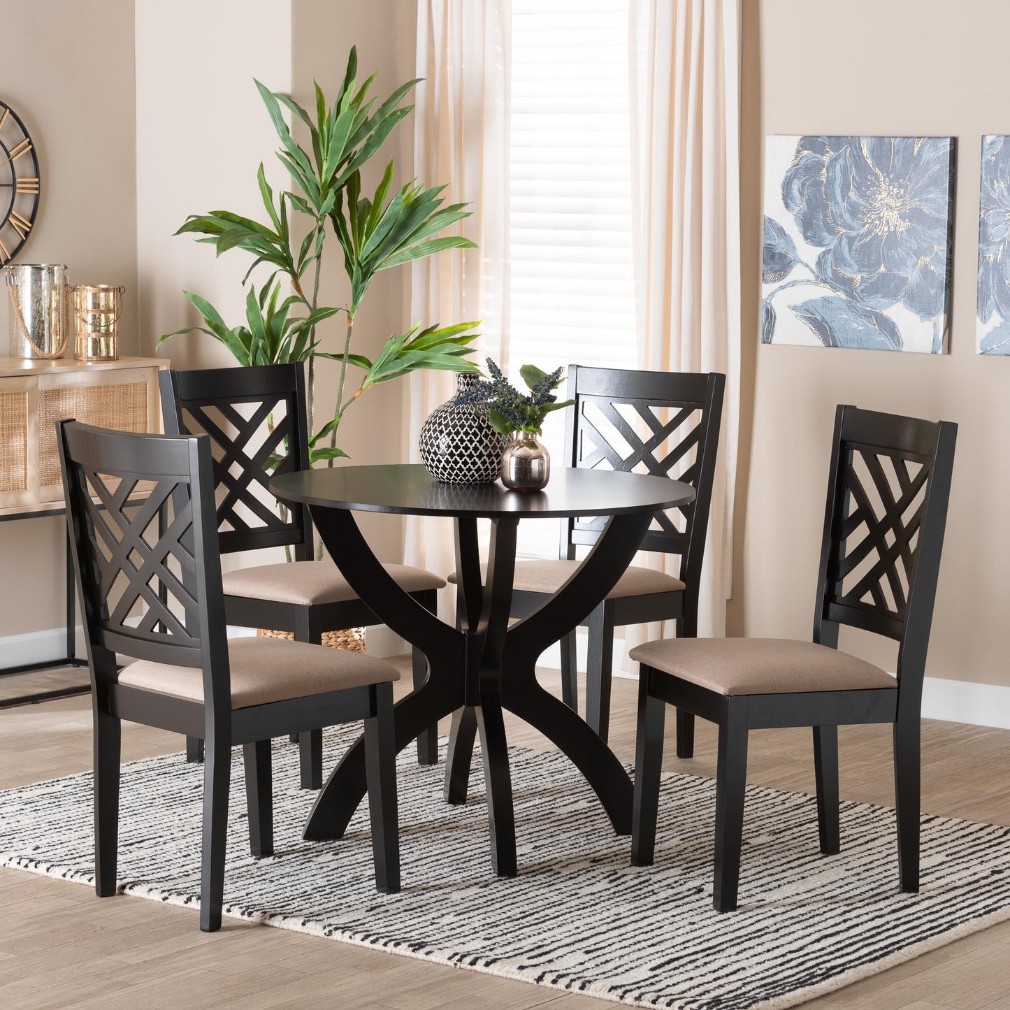 Baxton Studio Edona Modern Sand Fabric and Walnut Brown Finished Wood 5-Piece Dining Set FredCo