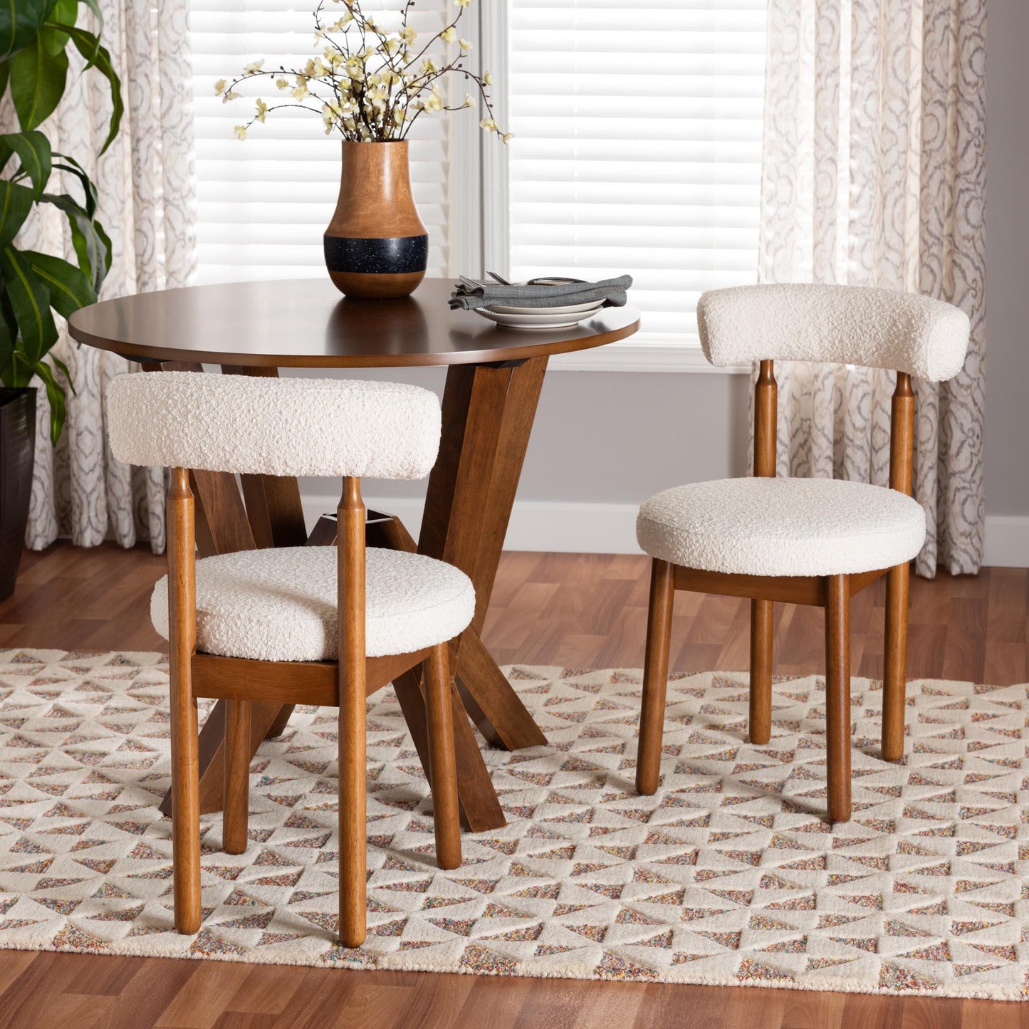 Baxton Studio Edric Modern Japandi Cream Boucle Fabric and Walnut Brown Finished Wood 2-Piece Dining Chair Set FredCo