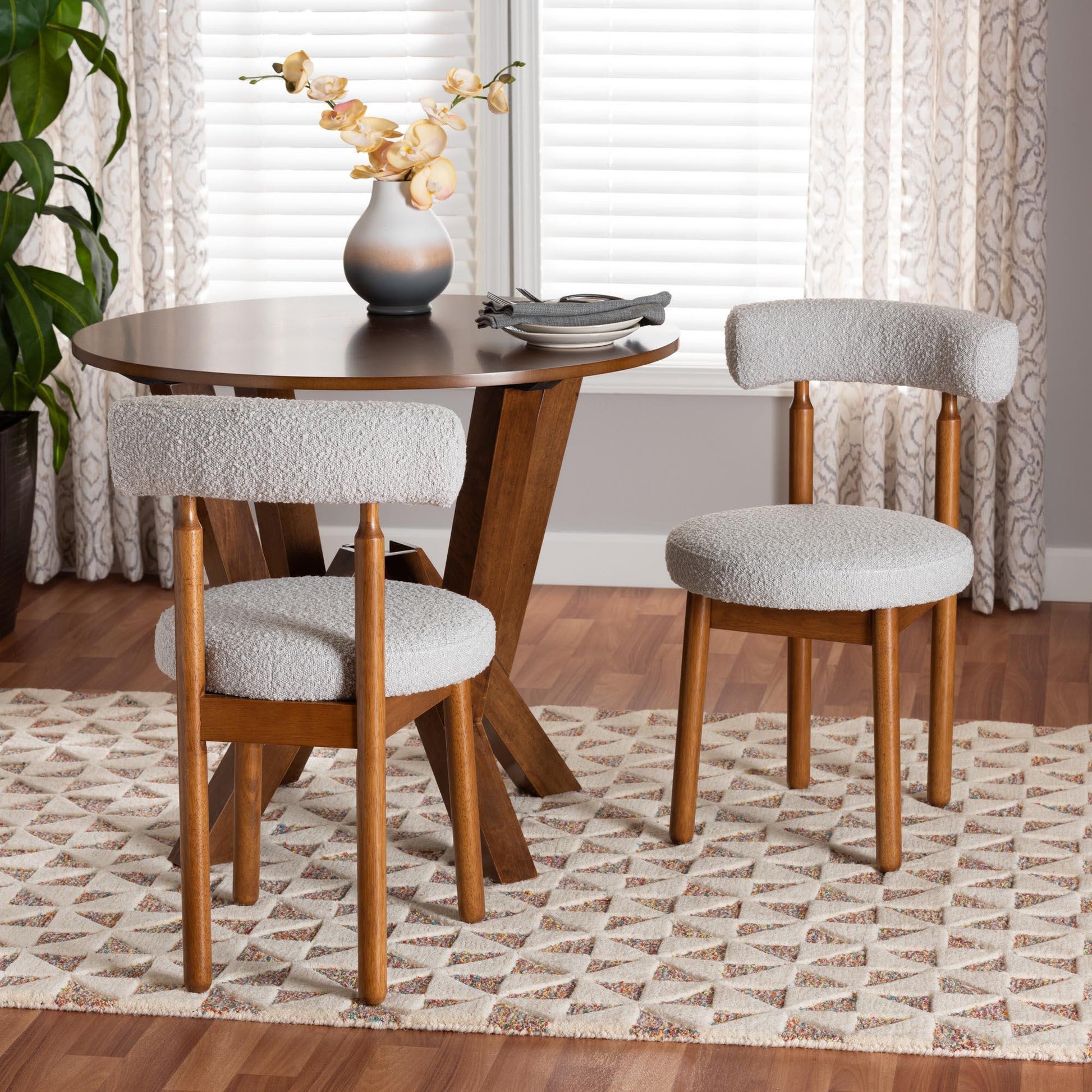 Baxton Studio Edric Modern Japandi Light Grey Boucle Fabric and Walnut Brown Finished Wood 2-Piece Dining Chair Set FredCo