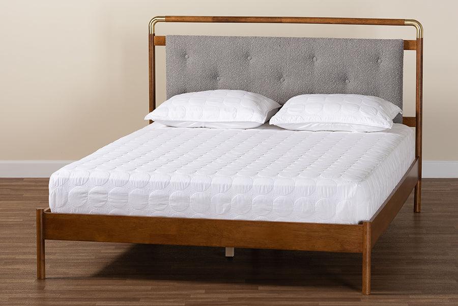 Baxton Studio Edwina Mid-Century Light Grey Boucle Fabric and Walnut Brown Wood Queen Size Platform Bed FredCo