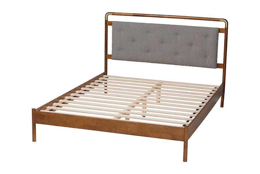 Baxton Studio Edwina Mid-Century Light Grey Boucle Fabric and Walnut Brown Wood Queen Size Platform Bed FredCo