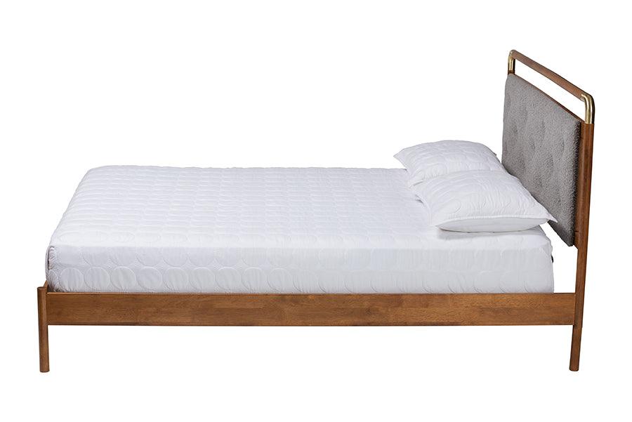 Baxton Studio Edwina Mid-Century Light Grey Boucle Fabric and Walnut Brown Wood Queen Size Platform Bed FredCo