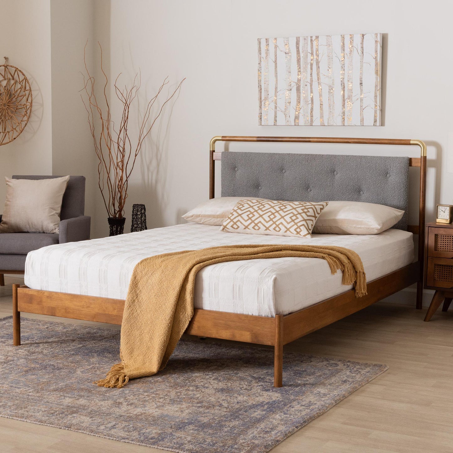 Baxton Studio Edwina Mid-Century Light Grey Boucle Fabric and Walnut Brown Wood Queen Size Platform Bed FredCo