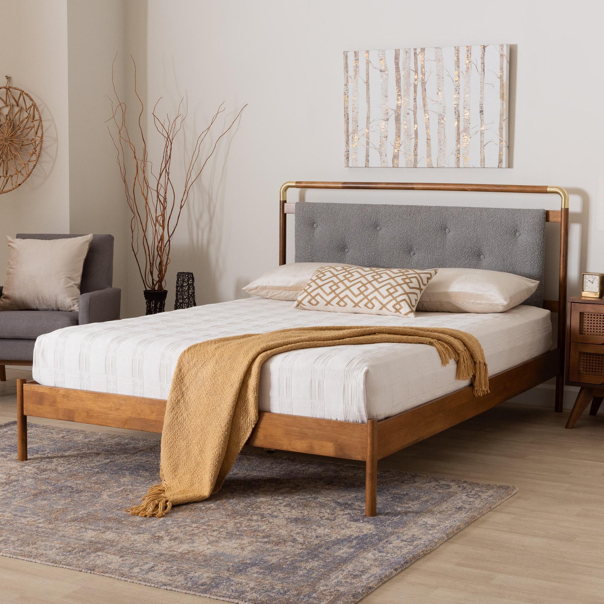 Baxton Studio Edwina Mid-Century Light Grey Boucle Fabric and Walnut Brown Wood Queen Size Platform Bed FredCo