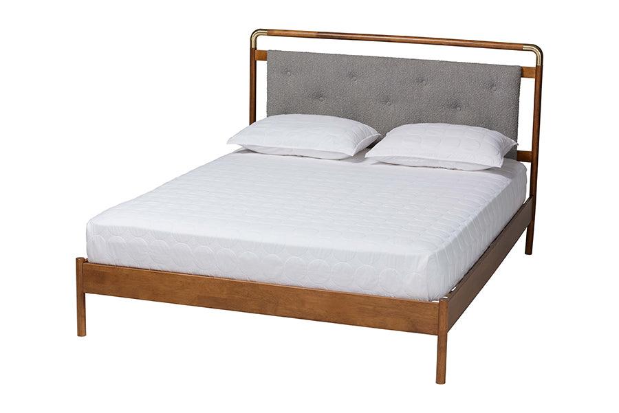 Baxton Studio Edwina Mid-Century Light Grey Boucle Fabric and Walnut Brown Wood Queen Size Platform Bed FredCo