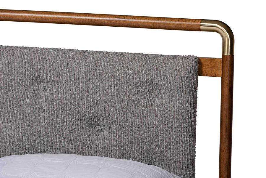 Baxton Studio Edwina Mid-Century Light Grey Boucle Fabric and Walnut Brown Wood Queen Size Platform Bed FredCo