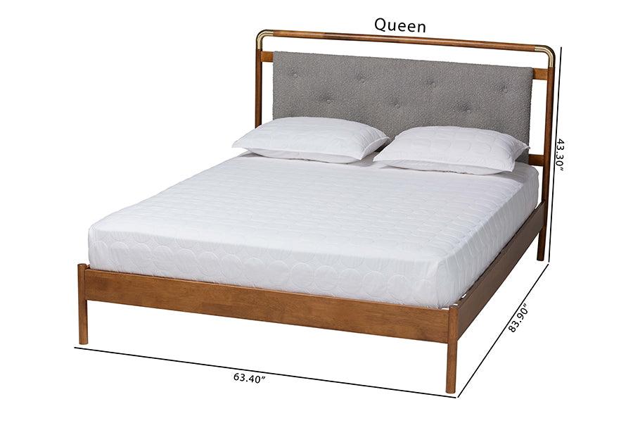 Baxton Studio Edwina Mid-Century Light Grey Boucle Fabric and Walnut Brown Wood Queen Size Platform Bed FredCo