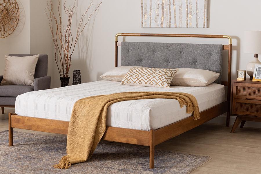 Baxton Studio Edwina Mid-Century Light Grey Boucle Fabric and Walnut Brown Wood Queen Size Platform Bed FredCo