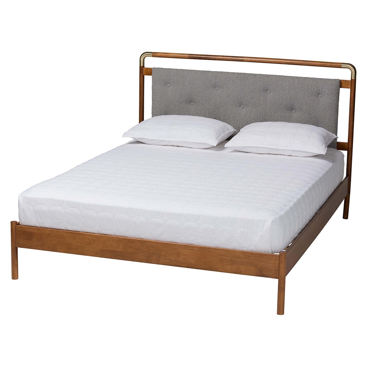 Baxton Studio Edwina Mid-Century Light Grey Boucle Fabric and Walnut Brown Wood Queen Size Platform Bed FredCo