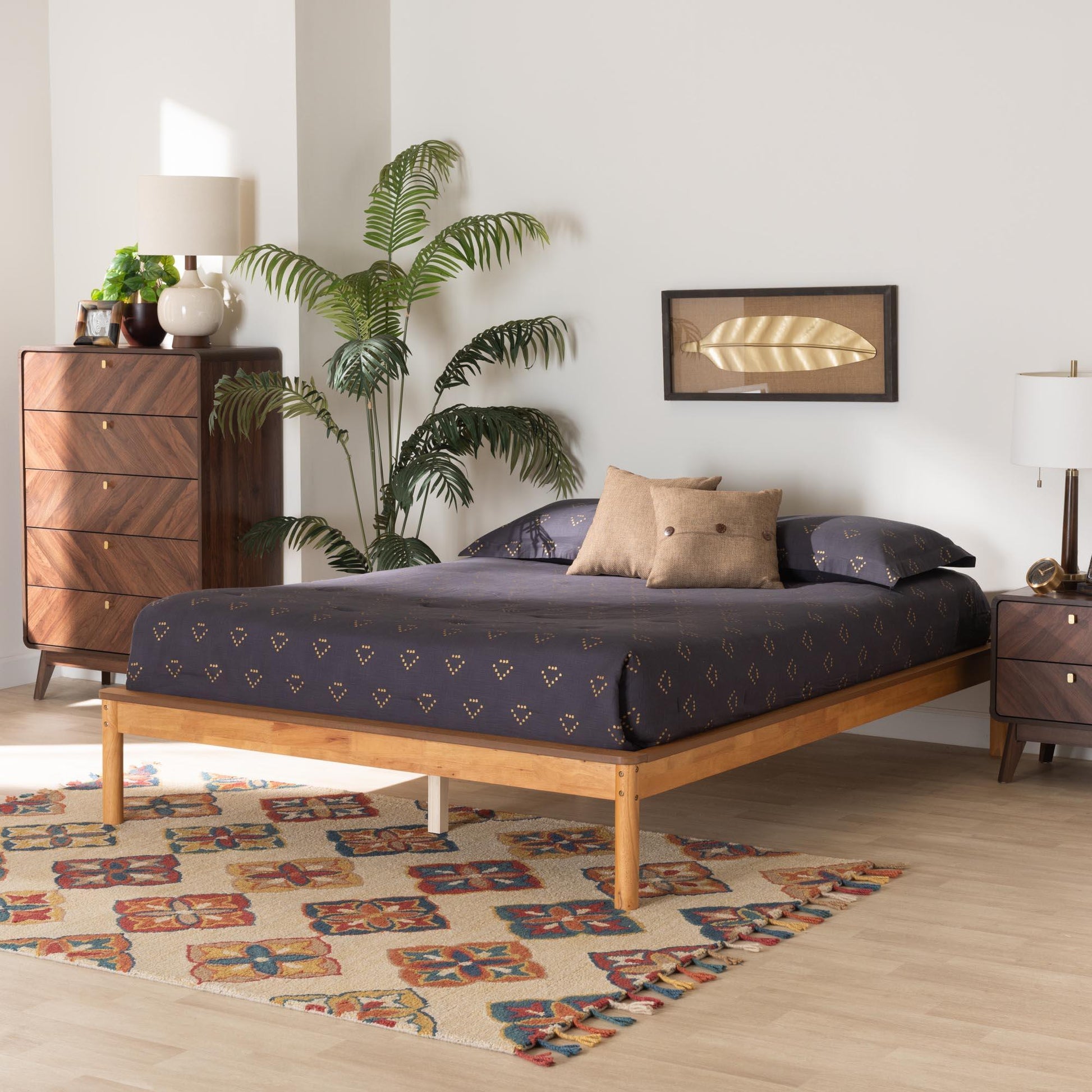 Baxton Studio Efren Mid-Century Modern Honey Oak Finished Wood Bed Frame FredCo