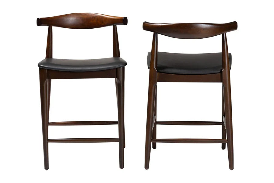 Baxton Studio Eira Counter Stool Set of 2- Walnut Wood Frame Counter-height Chair with Curved Backrest and Black Faux Leather Seat, Mid-Century Modern Kitchen Island Seating FredCo