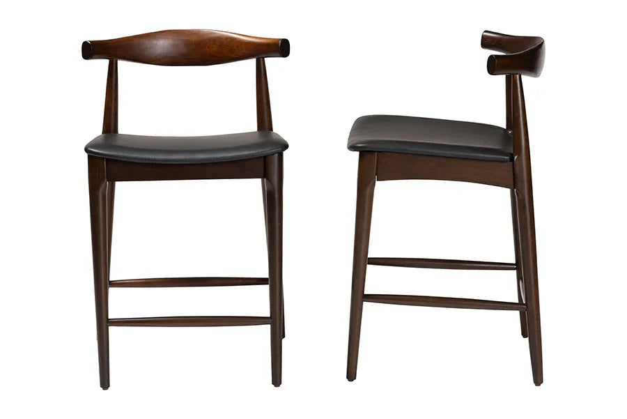 Baxton Studio Eira Counter Stool Set of 2- Walnut Wood Frame Counter-height Chair with Curved Backrest and Black Faux Leather Seat, Mid-Century Modern Kitchen Island Seating FredCo