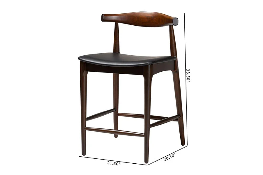 Baxton Studio Eira Counter Stool Set of 2- Walnut Wood Frame Counter-height Chair with Curved Backrest and Black Faux Leather Seat, Mid-Century Modern Kitchen Island Seating FredCo