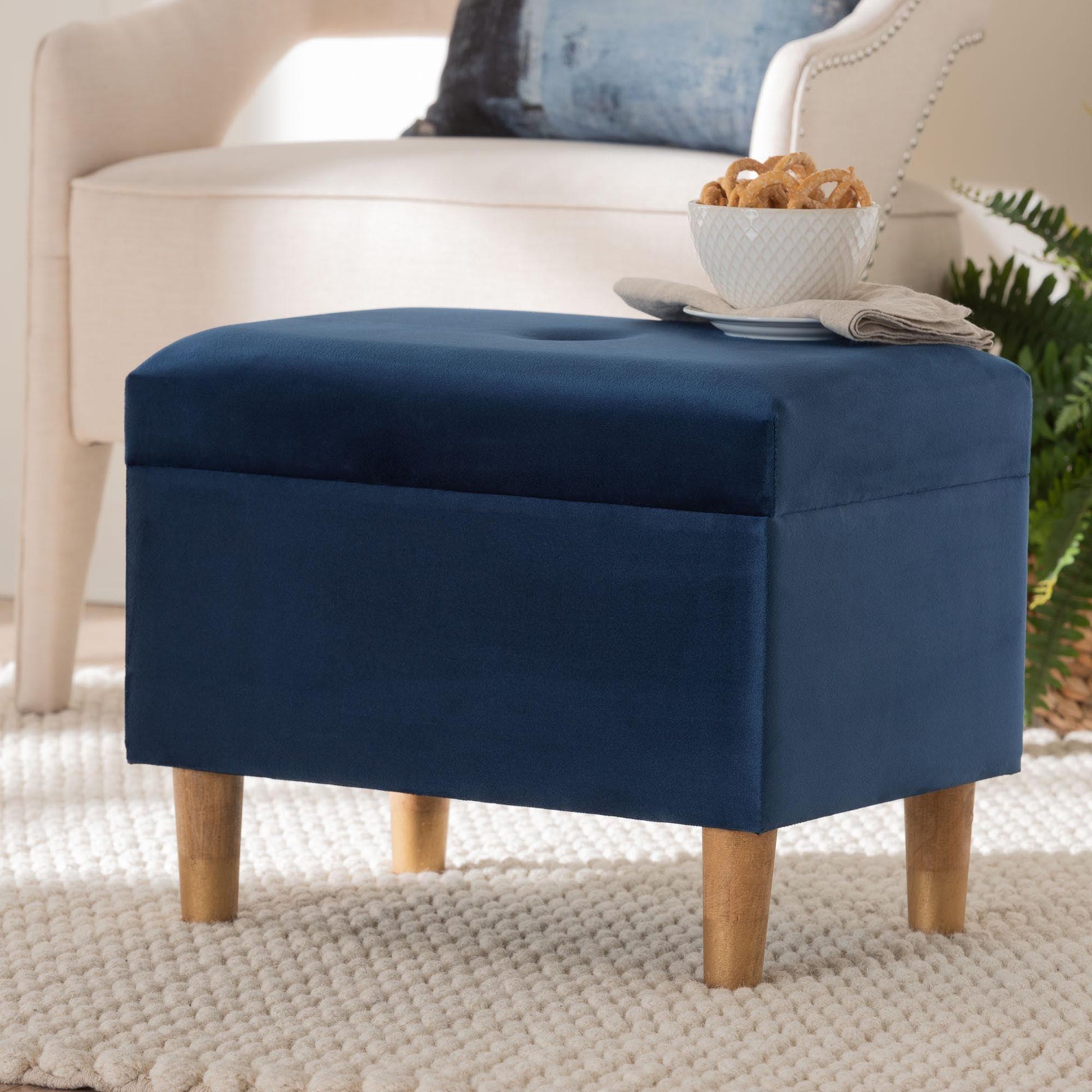 Baxton Studio Elias Modern Navy Blue Velvet Fabric Storage Ottoman FredCo
