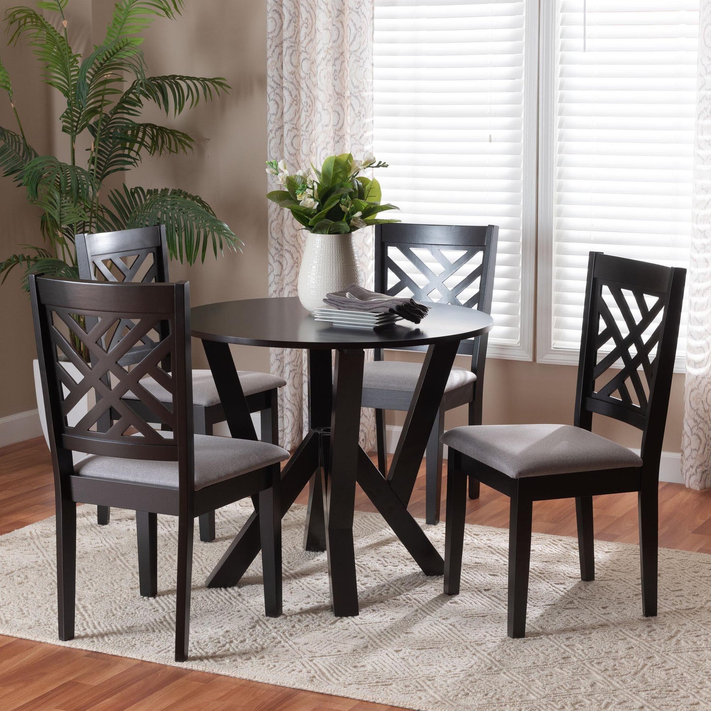 Baxton Studio Elise Modern Grey Fabric and Dark Brown Finished Wood 5-Piece Dining Set FredCo