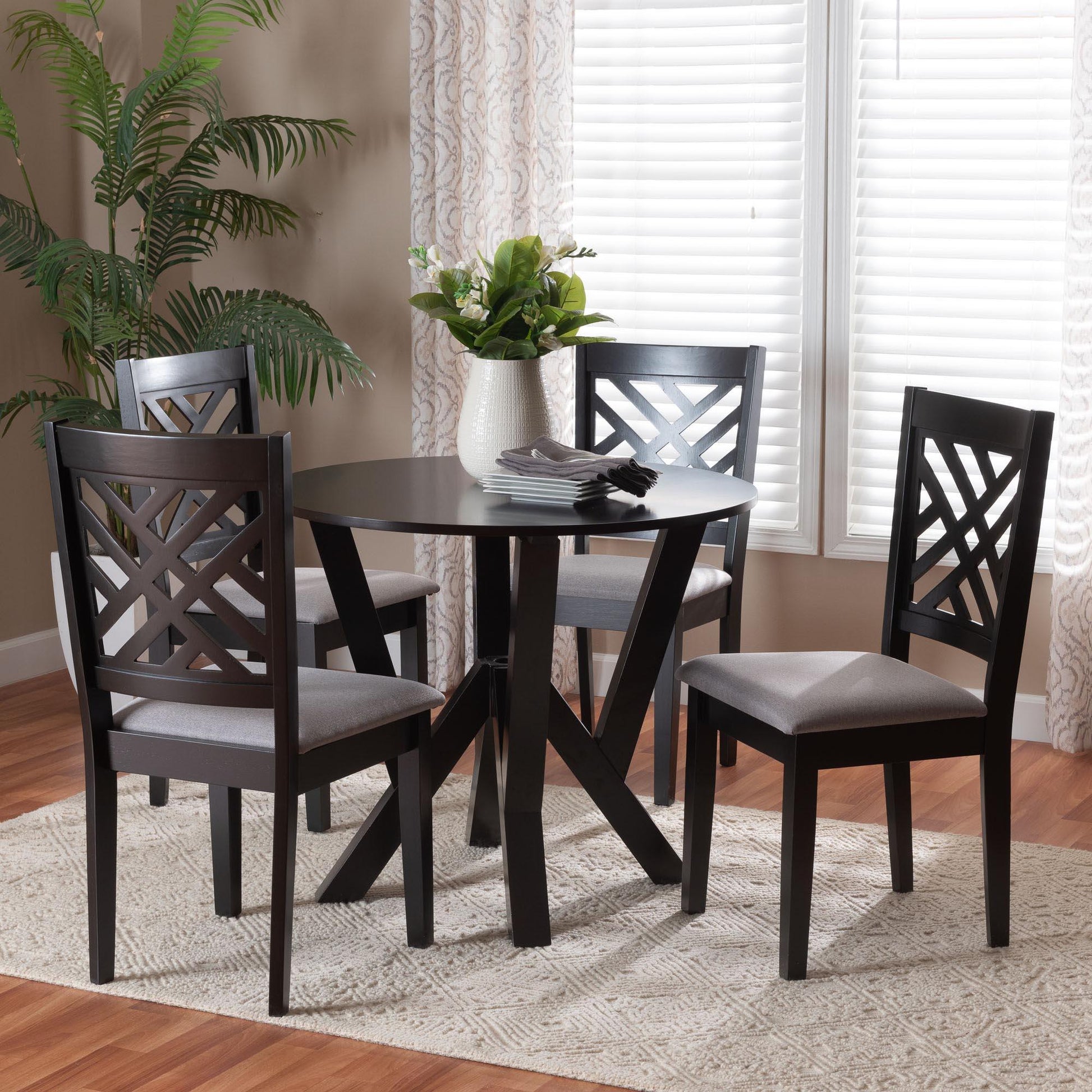 Baxton Studio Elise Modern Grey Fabric and Dark Brown Finished Wood 5-Piece Dining Set FredCo