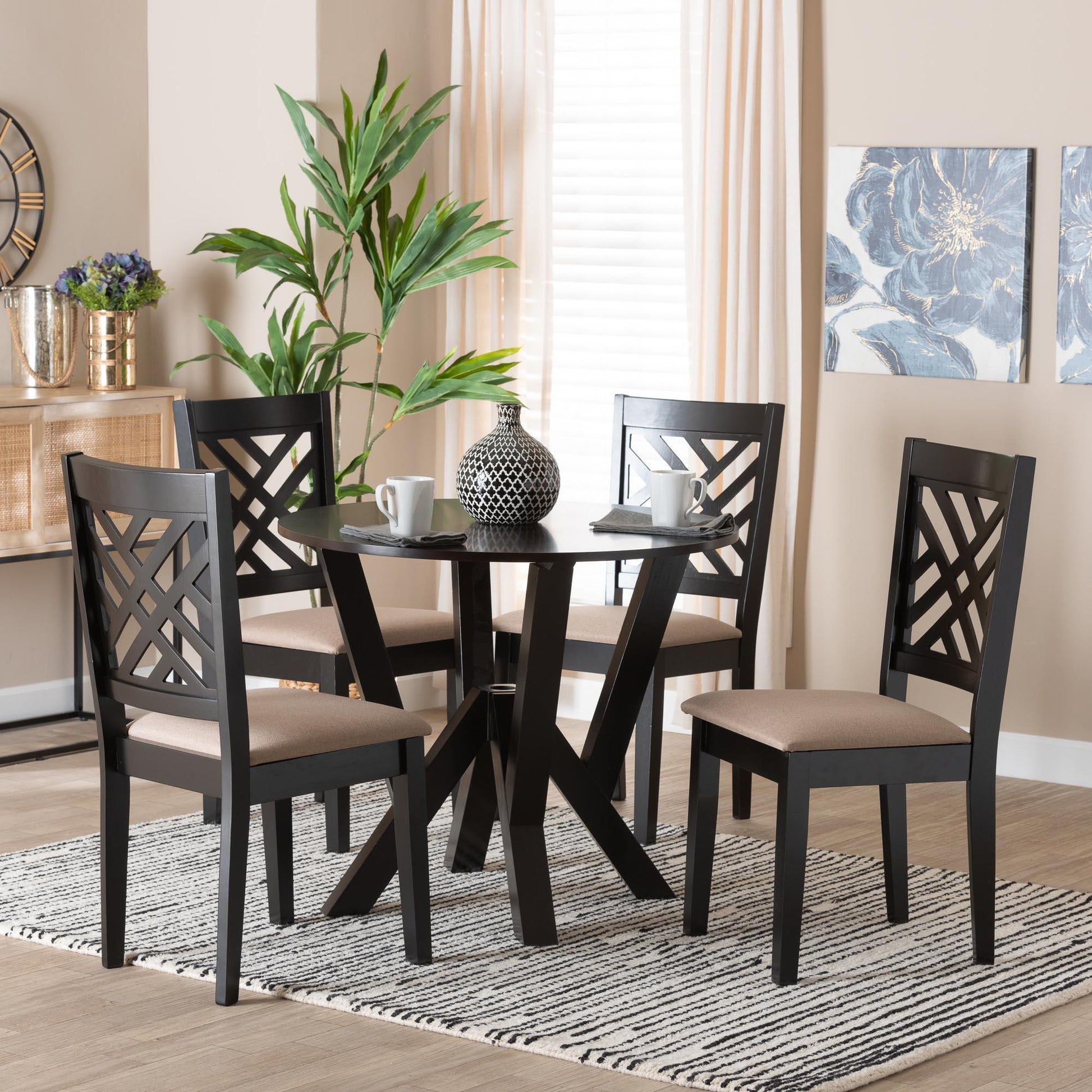 Baxton Studio Elise Modern Sand Fabric and Dark Brown Finished Wood 5-Piece Dining Set FredCo