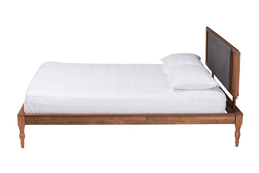 Baxton Studio Eliseo Mid-Century Modern Dark Grey Fabric and Walnut Brown Finished Wood Platform Bed FredCo
