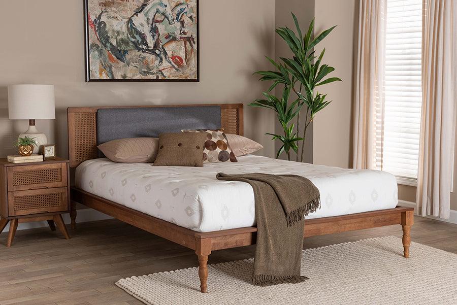 Baxton Studio Eliseo Mid-Century Modern Dark Grey Fabric and Walnut Brown Finished Wood Platform Bed FredCo