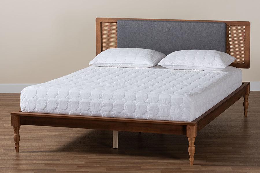 Baxton Studio Eliseo Mid-Century Modern Dark Grey Fabric and Walnut Brown Finished Wood Platform Bed FredCo