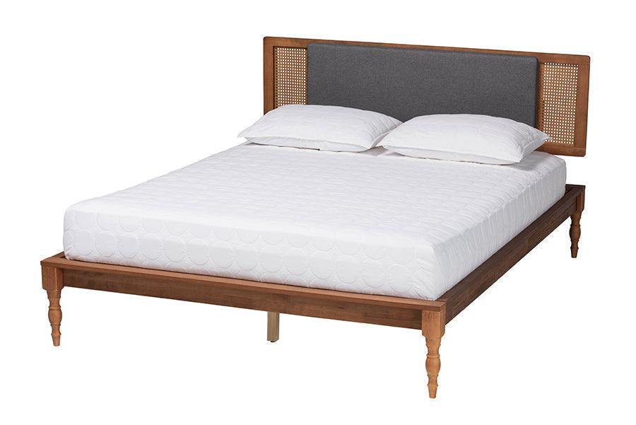 Baxton Studio Eliseo Mid-Century Modern Dark Grey Fabric and Walnut Brown Finished Wood Platform Bed FredCo