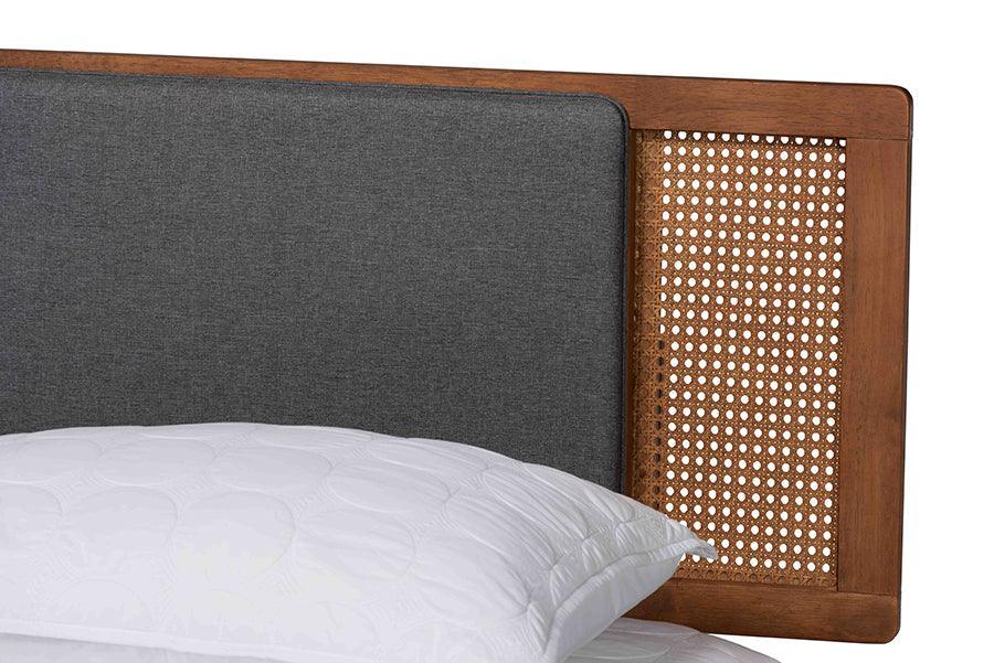 Baxton Studio Eliseo Mid-Century Modern Dark Grey Fabric and Walnut Brown Finished Wood Platform Bed FredCo