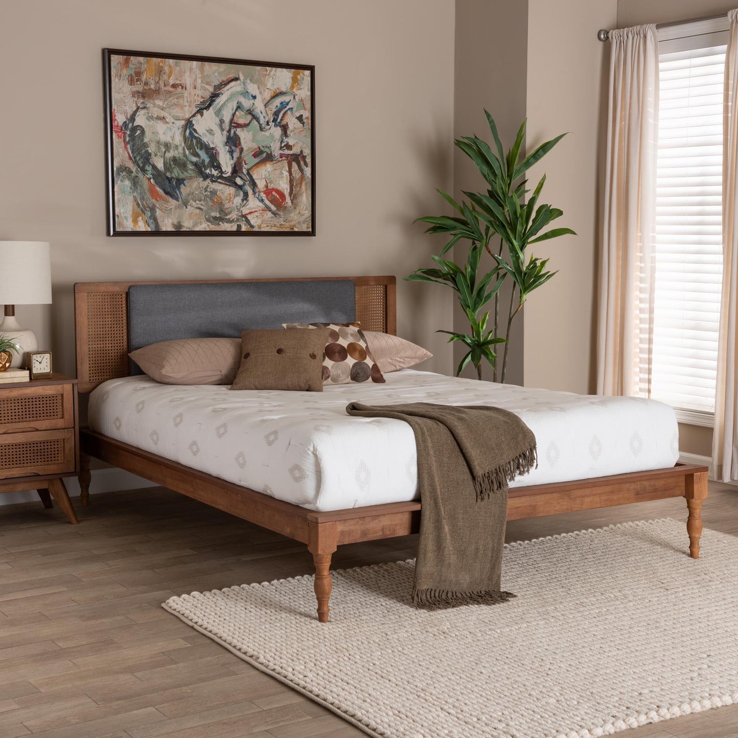 Baxton Studio Eliseo Mid-Century Modern Dark Grey Fabric and Walnut Brown Finished Wood Platform Bed FredCo