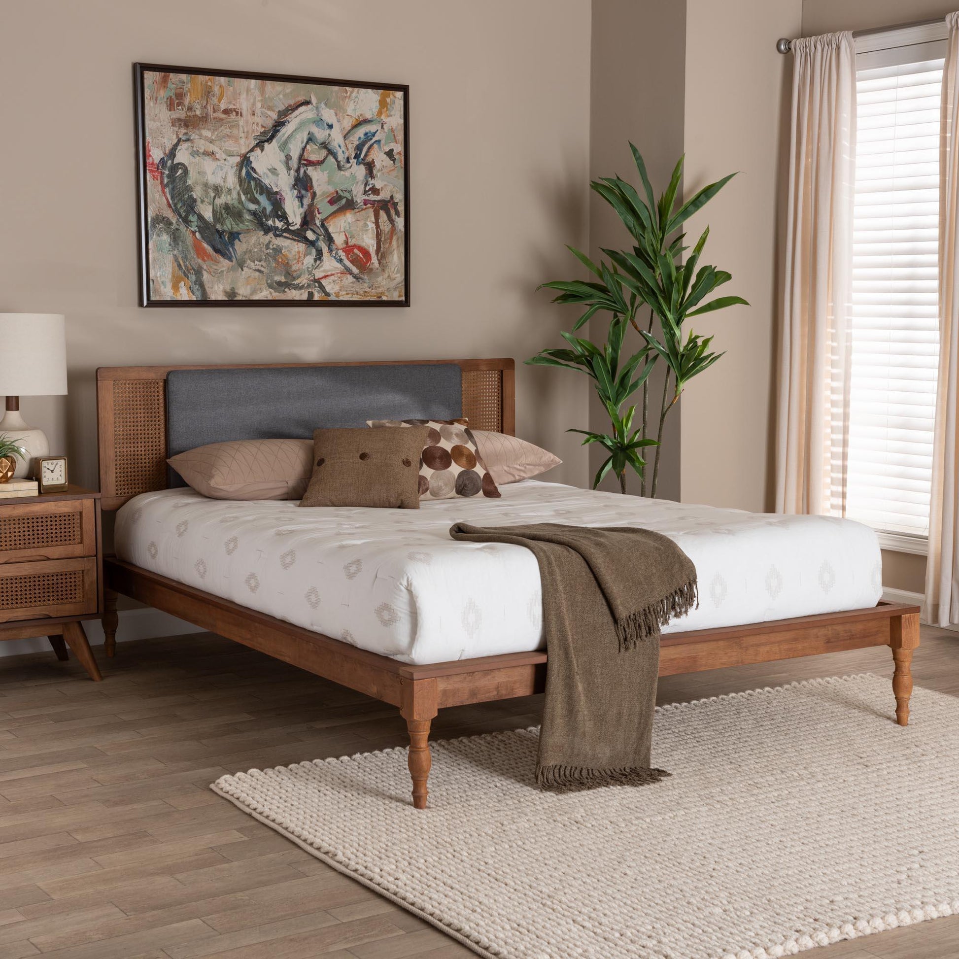 Baxton Studio Eliseo Mid-Century Modern Dark Grey Fabric and Walnut Brown Finished Wood Platform Bed FredCo