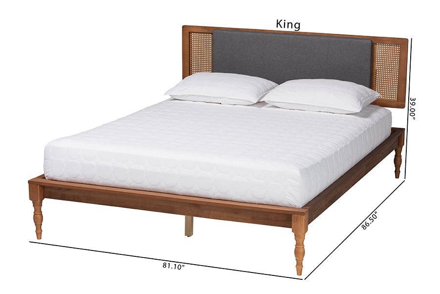Baxton Studio Eliseo Mid-Century Modern Dark Grey Fabric and Walnut Brown Finished Wood Platform Bed FredCo