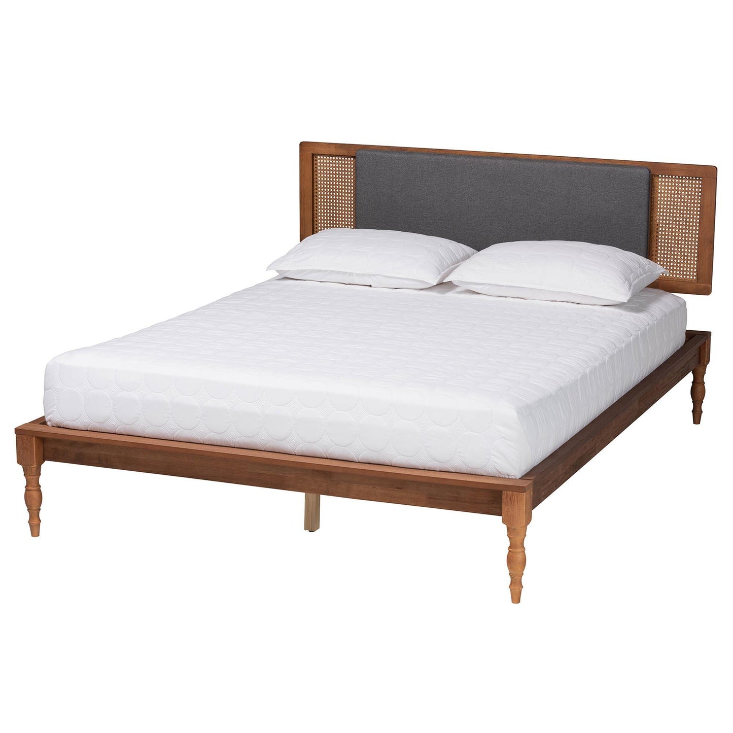 Baxton Studio Eliseo Mid-Century Modern Dark Grey Fabric and Walnut Brown Finished Wood Platform Bed FredCo
