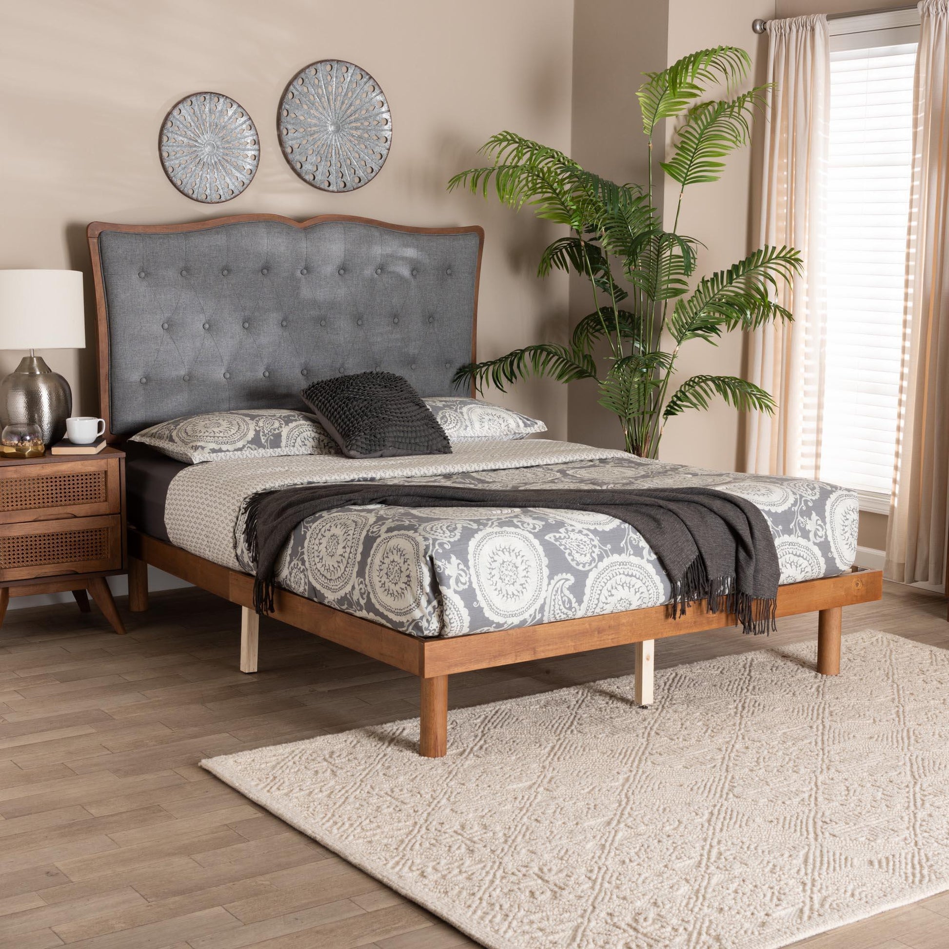 Baxton Studio Elitia Classic and Traditional Grey Fabric and Walnut Brown Finished Wood Platform Bed FredCo