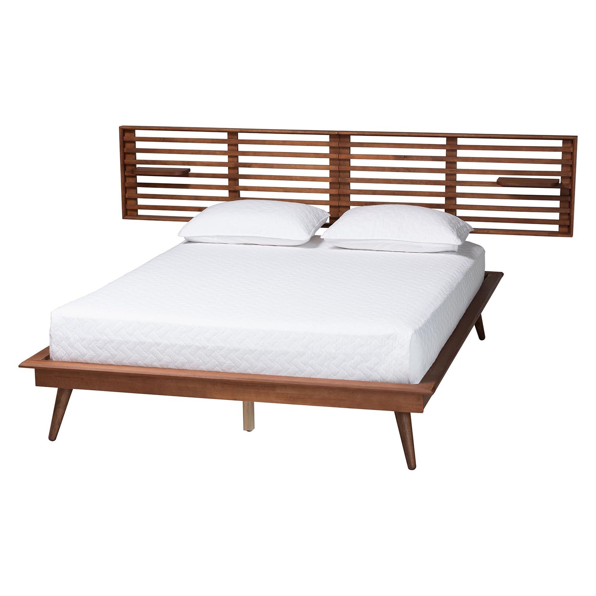 Baxton Studio Elvina Mid-Century Transitional Ash Walnut Wood King Size Platform Bed with Built-In Shelves FredCo