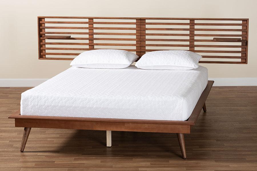 Baxton Studio Elvina Mid-Century Transitional Ash Walnut Wood King Size Platform Bed with Built-In Shelves FredCo