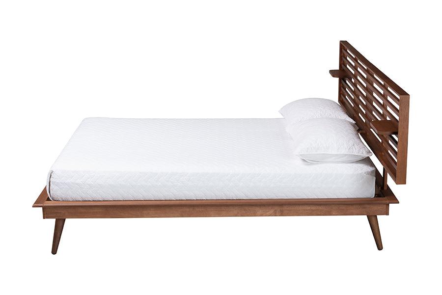 Baxton Studio Elvina Mid-Century Transitional Ash Walnut Wood King Size Platform Bed with Built-In Shelves FredCo