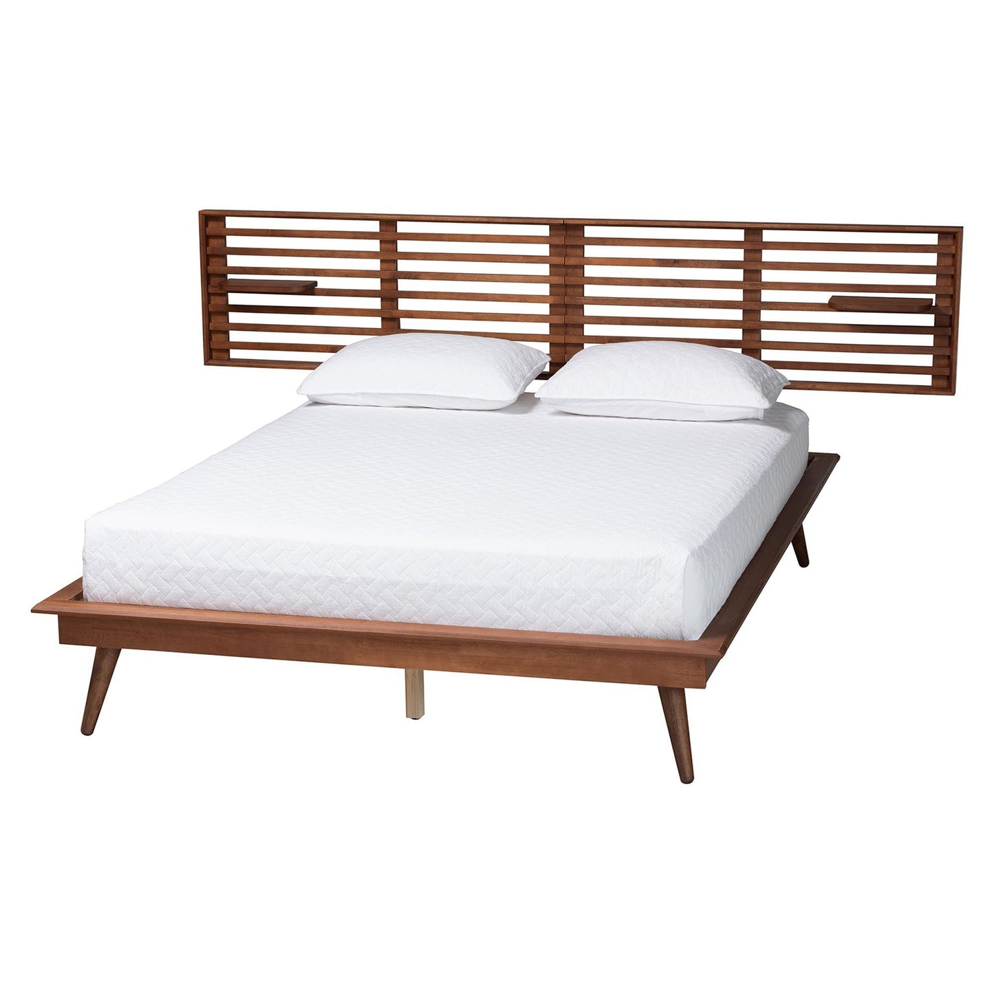 Baxton Studio Elvina Mid-Century Transitional Ash Walnut Wood Queen Size Platform Bed with Built-In Shelves FredCo