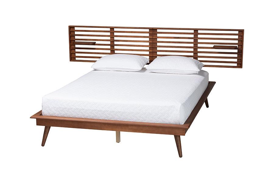 Baxton Studio Elvina Mid-Century Transitional Ash Walnut Wood Queen Size Platform Bed with Built-In Shelves FredCo
