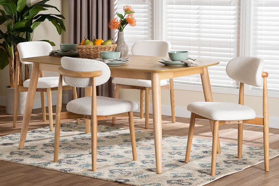 Baxton Studio Emily 5-Piece Dining Set - Solid Wood Rectangular Table with Boucle Upholstered Chairs, Mid-Century Modern Dining Furniture for Kitchen or Dining Room, Natural and White FredCo