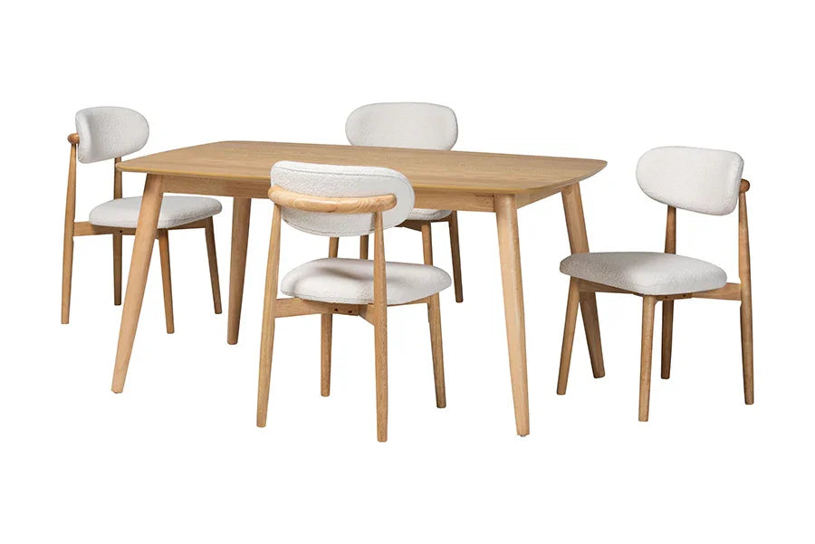 Baxton Studio Emily 5-Piece Dining Set - Solid Wood Rectangular Table with Boucle Upholstered Chairs, Mid-Century Modern Dining Furniture for Kitchen or Dining Room, Natural and White FredCo