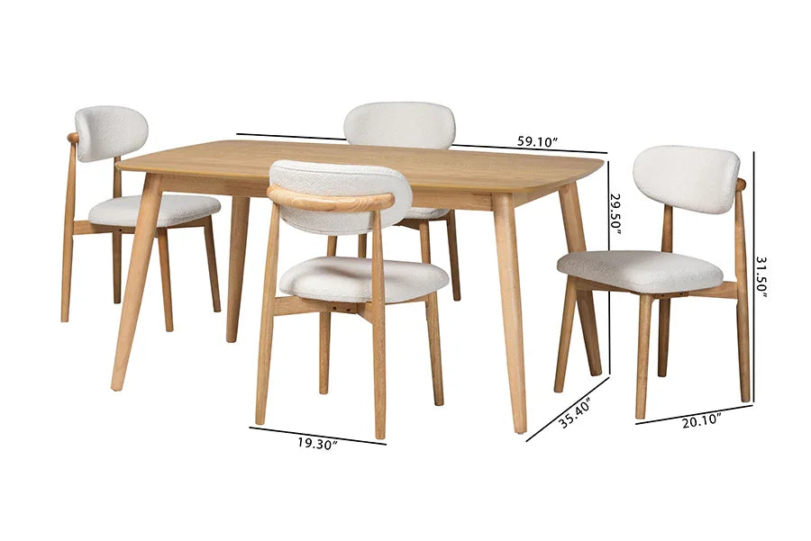 Baxton Studio Emily 5-Piece Dining Set - Solid Wood Rectangular Table with Boucle Upholstered Chairs, Mid-Century Modern Dining Furniture for Kitchen or Dining Room, Natural and White FredCo