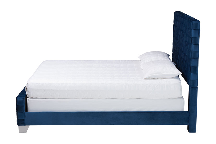 Baxton Studio Emlyn Glam and Luxe Navy Blue Velvet Fabric Queen Size Panel Bed FredCo